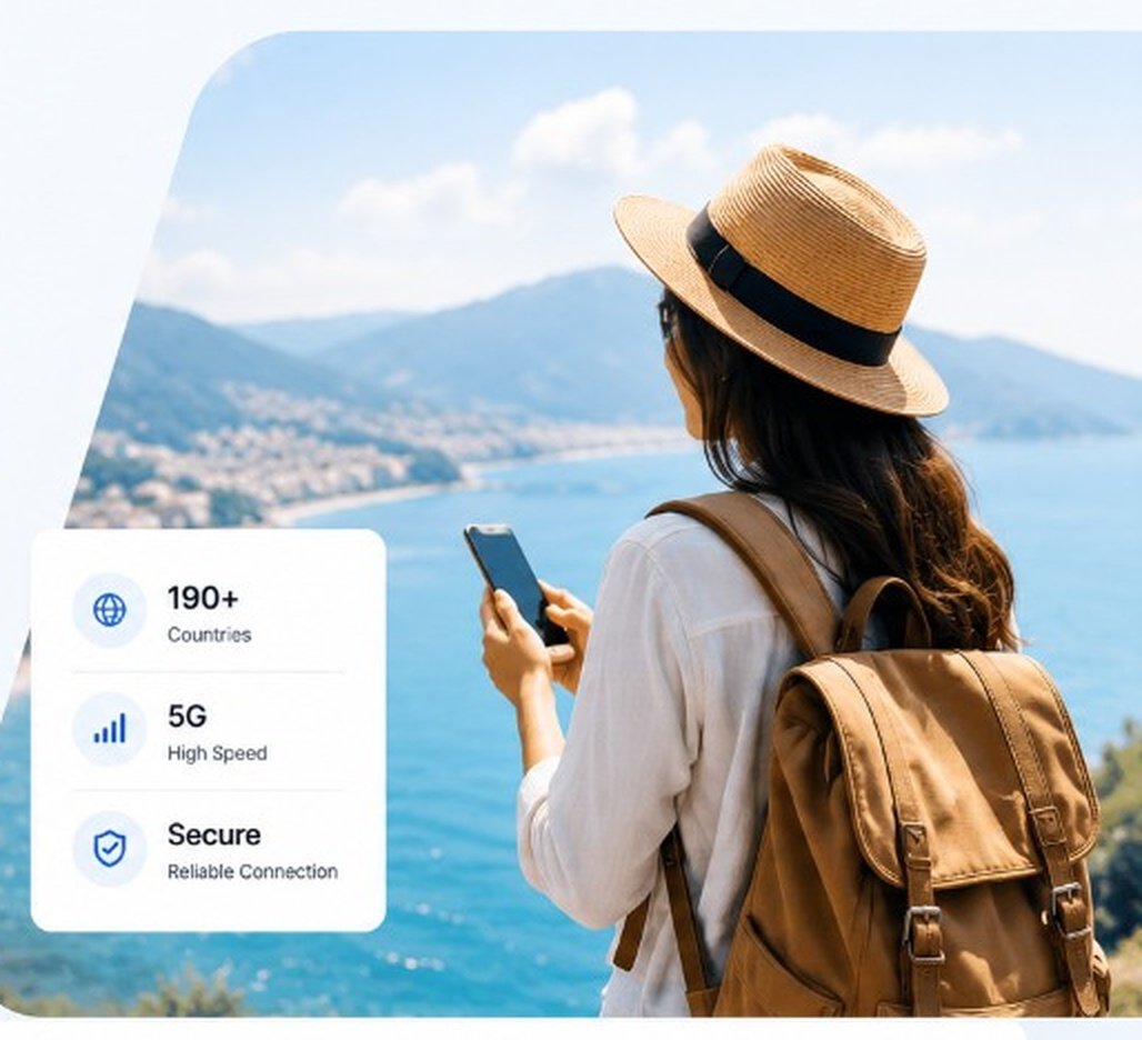 Traveler comparing international eSIM coverage beside a coastal destination